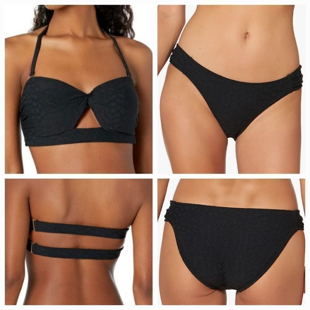 Jessica Simpson Rose Bay Black Bandeau textured Bikini Top Side Shirred Hipster